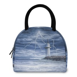 ZzWwR Ocean Thunderstorm Lighthouse Reusable Lunch Tote Bag Insulated Thermal Cooler Container Bag for Back to School Work Picnic Travel Fishing Beach