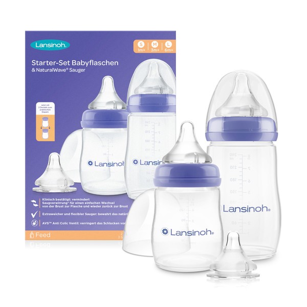 Lansinoh Baby Bottle Starter Set - Baby Bottle in 160 ml and 240 ml - NaturalWave Teat Size S, M, L - Compact Design for Improved Stability - with Stackable Lid