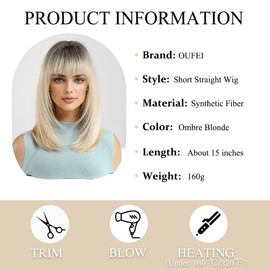 OUFEI Ombre Blonde Bob Wig With Bangs Short Straight Wig For Women Synthetic Hair Wigs for Daily Party Cosplay Wear