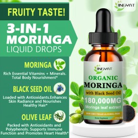 Organic Moringa Liquid Drops,Pure Moringa Oleifera Leaves Extract w/Black Seed Oil Supplement for Energy,Skin,Gut Health,Immune,Natural Antioxidant Superfood More Potency Than Powder(2 Fl Oz)