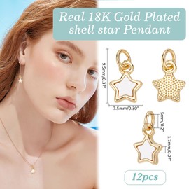 CRAFTYMELODY 12Pcs Real 18K Gold Plated Star Charms with Jump Ring 9x7mm Shell Pendants Connectors Five-Pointed Star Charm Links with Gold Edge Wrapped for Necklace Bracelet DIY Jewelry Making