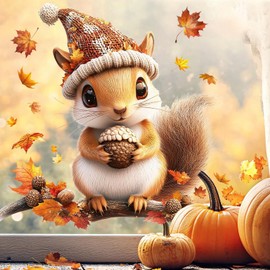 Fall Window Clings for Glass Thanksgiving Static Cling Window Decals 1PCS Cute Squirrel Maple Leaves Autumn Reusable Window Stickers Home School Office Decorations