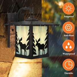 HomeBeauty WL0008 Tiffany Style Outdoor Wall Light Fixture Stained Glass Exterior Waterproof Wall Sconce Lamps for Balcony Aisle Hallway 9X11X11 Inches, Bulb Included (Moose)