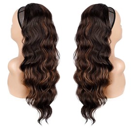 YEESHEDO Ponytail Extensions for Women Synthetic Long Wavy Drawstring Ponytail Clip On Extension Body Wave Curly Ponytail Hairpiece Black with Brown Highlights24”