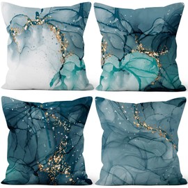 TYLCLTX Decorative Pillows for Couch Set of 4,Gold and Teal Marble Throw Pillow Covers 20x20,Abstract Pillowcases for Sofa and Living Room