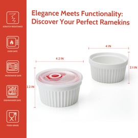 Sweese 8 oz Ramekins with Lid, Porcelain Creme Brulee Souffle Dishes, White Pudding Custard Cups Ramiken for Baking, Dishwasher and Oven Safe, Set of 6