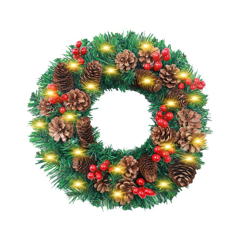 LED Christmas Wreath With Battery Powered String Light Pine Cones