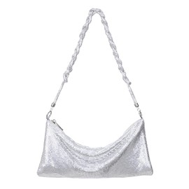 HDE Women's Metallic Mesh Evening Bag Shiny Braid Knotted Shoulder Purse Handbag, Silver