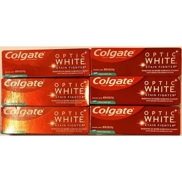 Colgate Optic White Toothpaste - Stain Fighter - Fresh Mint Gel - Net Wt. 4.2 OZ (119 g) Per Tube - Pack of 6 Tubes
