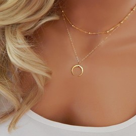 Zeshimb Boho Layered Moon Choker Necklace Crescent Moon Pendent Necklace Double Horn Necklaces Gold Satellite Crescent Necklace Jewelry for Women and Girls