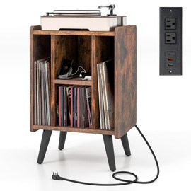 Tangkula Record Player Stand w/Charging Station & USB Ports, Nightstand Sofa Side Table w/Vinyl Storage Cabinet for Living Room, Album Display Shelf Turntable Stand End Table (Brown, 27" H)