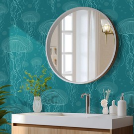Livelynine 17.5x591" Coastal Nautical Wallpaper Peel and Stick Ocean Beach Wall Paper for Bathroom Waterproof Dark Turquoise Green Blue Wallpaper Removable Jelly Fish Contact Paper Self Adhesive Vinyl