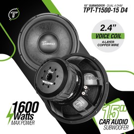 Timpano 15 Inch Subwoofer D4 1600 Watts Max Power Dual 4 Ohm, 15 Subwoofer Speaker 16 mm Xmax, TPT-T1500-15 D4, 2.6 in Voice Coil, Double Stacked Magnet Sub Woofer for Car Audio Systems (Single)