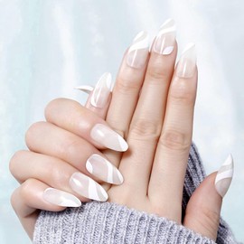 French Tip False Nails with Glue 24 Pcs Soft Gel Press On Nails in 12 Sizes Reusable (White with Design, One size)