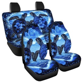 Tomeusey Car Seat Cover 4 Pcs Universal Turtle Floral Print Automotive Front Seat Cover and Rear Split Bench Seat Cushion Pads for Women Men Vehicle Interior Accessories Decorative