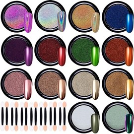 14 Tarros de Polvo de Uñas Cromado, Brillo en Polvo, Shimmer Cromo Pigmento para Uñas, Metálico Efecto Espejo Holográfico con barra de sombra - DIY Na