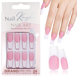 EternalClassic White French Tip Press on Nails Long Square Glitter Fake Nails Square, Glossy Acrylic Nails Press on 24pcs False Nails Pink Stick on Nails for Women