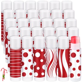 Demissle 30 Pcs Christmas Lip Balm Sticks Bulk Mint Candy Flavor and Candy Design 0.16 oz Xmas Lip Care for Women Girls Christmas Stocking Stuffers Gifts Red and White Paste Style
