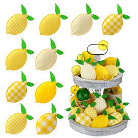 12 Pcs 5 Inch Lemon Tiered Tray Decor Summer Lemon Stuffed Fabric Decoration Lemon-Shaped Kitchen Decor Rustic Farmhouse for Tiered Tray Bowl Fillers Summer Home Supplies (Lemon)