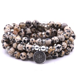 108 Natural Beads Mala Yoga Bracelet with Lotus Charm (Dalmatian Jasper)