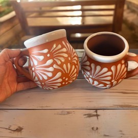 Set of 4 Mexican Pottery Mugs - White Terracotta Design, 12 oz Clay Taza