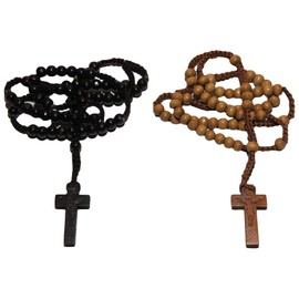 LION OF JUDAH MARKET 2pc Tan & Black Colored Wooden Beads Rosary Necklaces with Jesus Imprint Cross