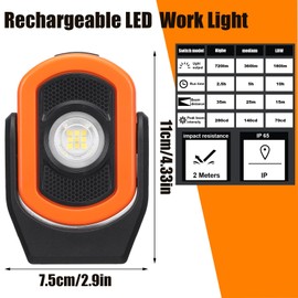 Retisee 2 Pcs 720 Lumens Magnetic Work Light USB Rechargeable LED Flashlight Portable Inspection Light for Car Repair Emergency Lighting Mechanics Workshop(Orange)