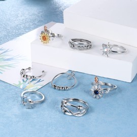 Sanfenly 8Pcs Anxiety Ring for Women Spinner Ring Adjustable Open Fidget Rings for Anxiety Cubic Zirconia Sunflower Daisy Star Moon Bead Stress Relief Spinning Stackable Ring Set with Box