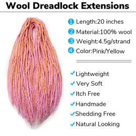 20 Inch Wool Dreadlock Extensions 20 Strands Double Ended Blonde Handmade Synthetic Hippie Wool Dreads Extensions Locs Style Crochet Hair for Women（Pink/Yellow，20 Inches）
