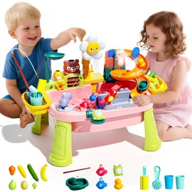 2026 Upgraded Toddler Sand Water Table Toy with Electric Water Pump, Kids Sand Water with Faucet/Play Food Accessories/Fishing Toy, Kitchen Play Sink Toys for Girl Boy Age 3+ (Pink)