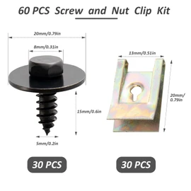 Prebarfun Pack of 60 Sheet Metal Nut Screw Nut Clip Kit, 30 Sets of Mudguard Clip, Sheet Metal Nuts Mounting Clips, Car Body Screws, U Type Body Screws, Mudguard Screws for Car