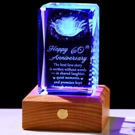 YWHL 60th Wedding Anniversary Crystal Gifts for Parents Grandparents, 60 Year Anniversary Glass Keepsake for Wife Husband, Romantic 3D Rose Gifts for Couples