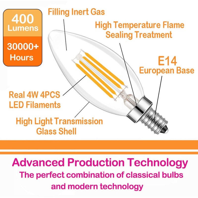 Lamsky E14 Base LED Filament Candle Shape Light Bulb,E14 European