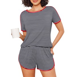 Ekouaer Womens Pajama Sets Color Block Short Sleeve Sleepwear Soft Pjs Sets Summer 2 Piece Lounge Set with Pockets, Black Stripe, XX-Large
