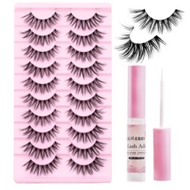 GEMERRY False Eyelashes 3D with Glue 10 Pairs Cat Eye Fake Lashes Natural Sweeping Russian Stripes Artificial Eyelashes (209-Kit)