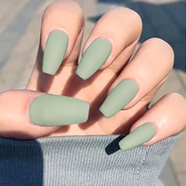 Brishow Coffin False Nails Matte Fake Nails Ballerina Acrylic Stick on Nails Artificial Full Cover False Nail Tips 24Pcs for Women and Girls (Green)