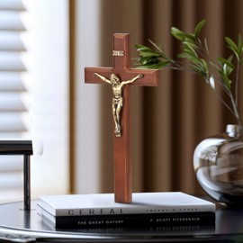 ARCHOBAN Crucifix Wall Cross Catholic, 12 Inch Wooden Cross with Jesus Christ for Home Decor - Brown + Antique Brass