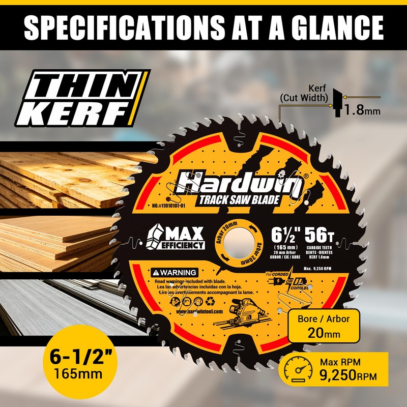 Hardwin 6-1/2" Track Saw Blade 56T 20mm Arbor Thin Kerf