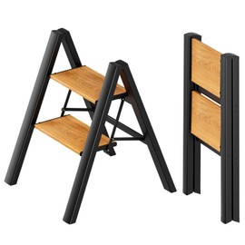 SOLADDER 2 Step Ladder, Anti-Slip and Lightweight Foldable Step Stool for Adults & Kids to Use in Kitchen, Closet and Library, 300lbs(Black&Woodgrain)
