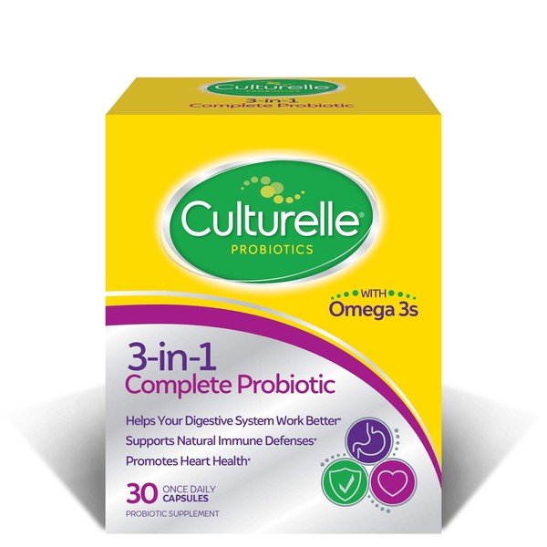 Culturelle 3-in-1 Complete Probiotic Daily Formula, Once Per Day Probiotic Supplement, Helps Your Digestive System Work Better, Supports Natural Immune Defenses, Plus Omega 3's, Non-GMO, 30 Count