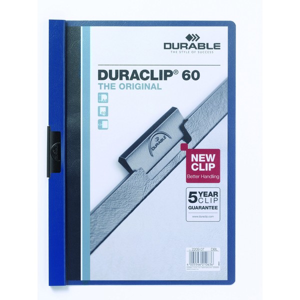 Durable HUNKE & Yoke Clamp Clip Folder 60, Hard Foil, 60 Pages, Clear/Dark Blue