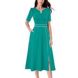 VFSHOW Womens 2025 Summer Work Business A-line Midi Dresses Pleated Notch Neck Front Slit Button Pockets Office Mid-Calf Fit and Flare Dress (Lake Green, XXX-Large) 11822 GRN 3XL