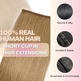 2 Pcs Short Hair Extensions, Human Hair Clip in Extensions for Women 8 Inch Honey Blonde
