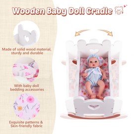 BABESIDE 3 Pcs Baby Doll Crib Set Wooden Baby Doll Cradle for Dolls Up to 15 Inch, Babydoll Accessories Doll Furniture with Bedding Set for Kids Pretend Play Toys, White Babydoll Bed