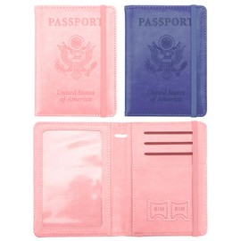 Passport Cover 2 Pack, Waterproof Leather Wallet - Dark Purple and Pink - Men, Women, Family Travel Essentials