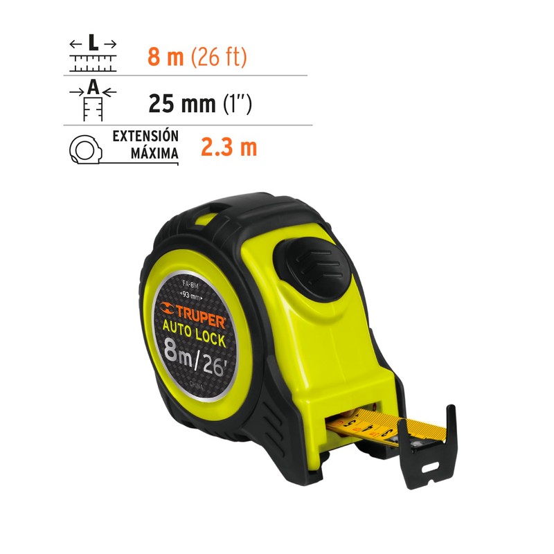 Truper FA-8M, Flexómetro Auto-Lock contra impactos 8 m cinta 25