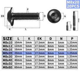 TXXATX Pack of 20 Rounded Head Screws with Flange M8 x 20 mm Screws M8 Flat Head Screws ISO7380-2 Stainless Steel A2 V2A Black Rounded Head Hexagon Socket with H5 Screwdriver Bits for Table Legs