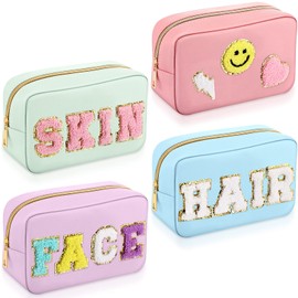 Sanwuta 4 Pcs Chenille Bag Preppy Patch Makeup Bag Cosmetic Bag Chenille Letters Toiletry Bag PU Leather Waterproof Portable Pouch Travel Organizer (Blue, Pink, Green, Purple, Fresh Style)