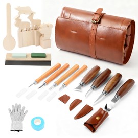 Wood Carving Kit,26pcs Wood Carving Tools with 4 Wood Carving Knives,4 Detail Knives,10 Basswood Blocks,Ergonomic Handle Design,Thick Leather Storage Bag,Whittling Kit for Beginners Adults Kids Hobby