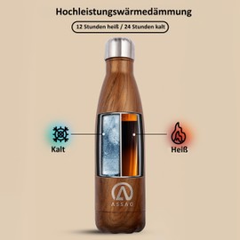 Assao Insulated Stainless Steel Bottle 500 ml - Leak-proof & BPA Free - Keeps Hot for 12 Hours and Cold for 24 Hours - Airtight Thermos for Tea, Coffee, Cold Drinks